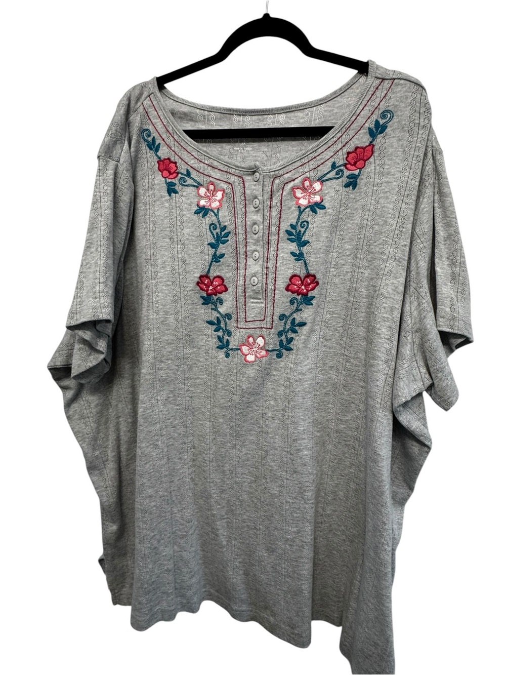 Woman Within Gray Scoop Neck Tunic with Pink & Teal Floral Embroidery